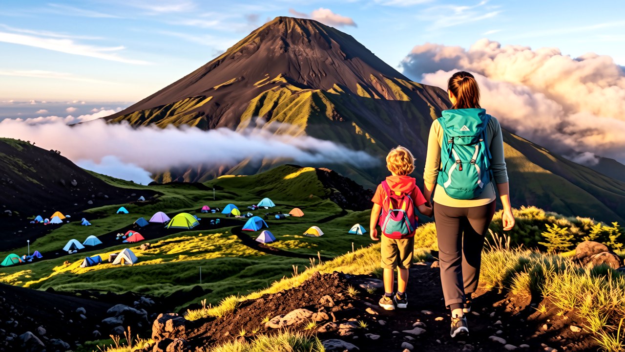 Ilustrasi pendaki dewasa dan seorang anak berjaket merah menanjak di punggung gunung, tenda perkemahan terlihat di lembah berkabut